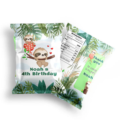 Sloth chips bag label with fun cartoon sloth design flat lay on white background