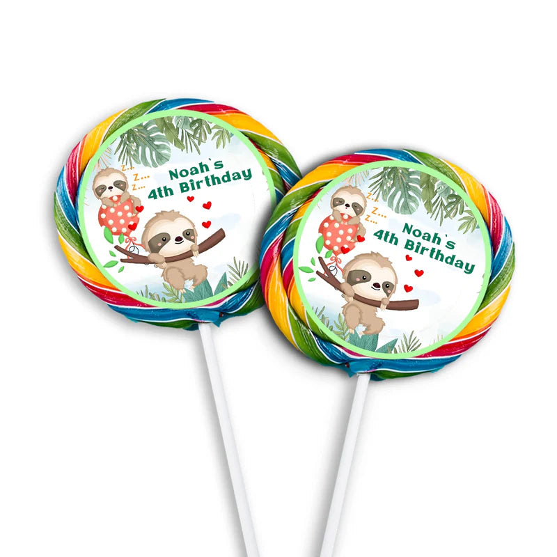 Sloth lollipop label with cartoon sloth theme flat lay on white background