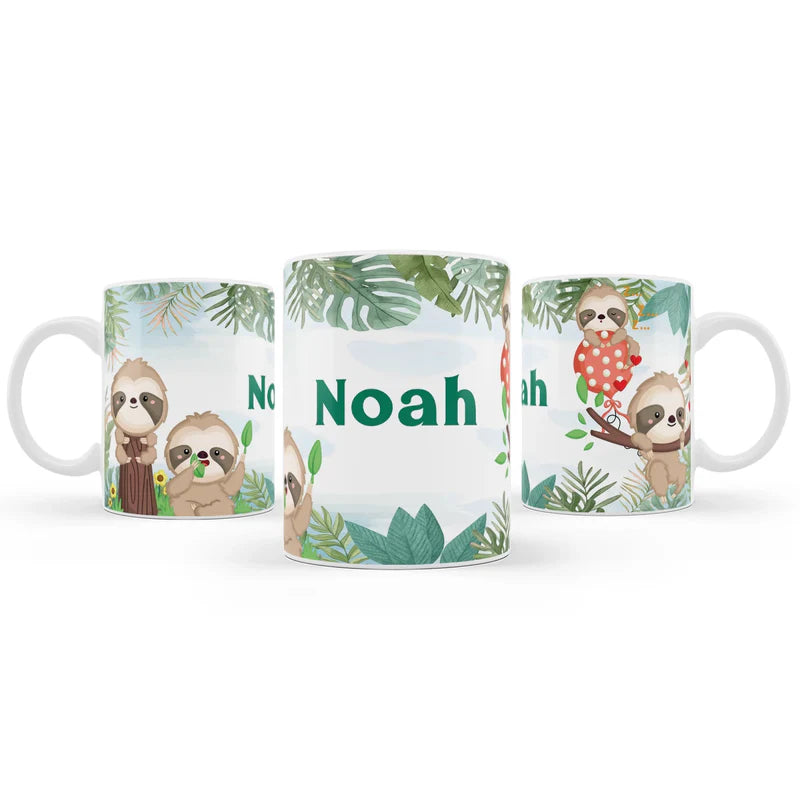 Sloth sublimation mug with sloth illustration on white background