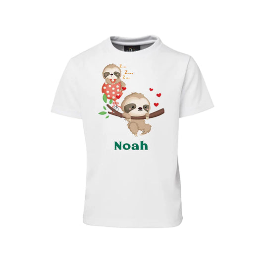 Sloth sublimation T-shirt with cartoon sloth graphic on white background