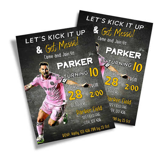 Personalized birthday card invitations featuring Lionel Messi