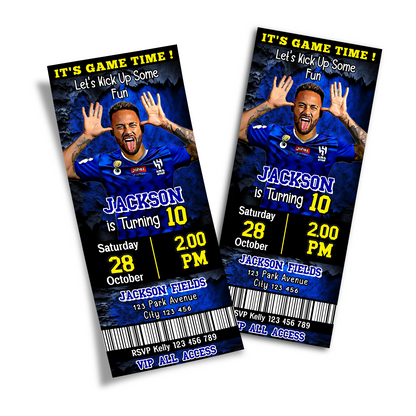 Personalized birthday ticket invitations featuring Neymar