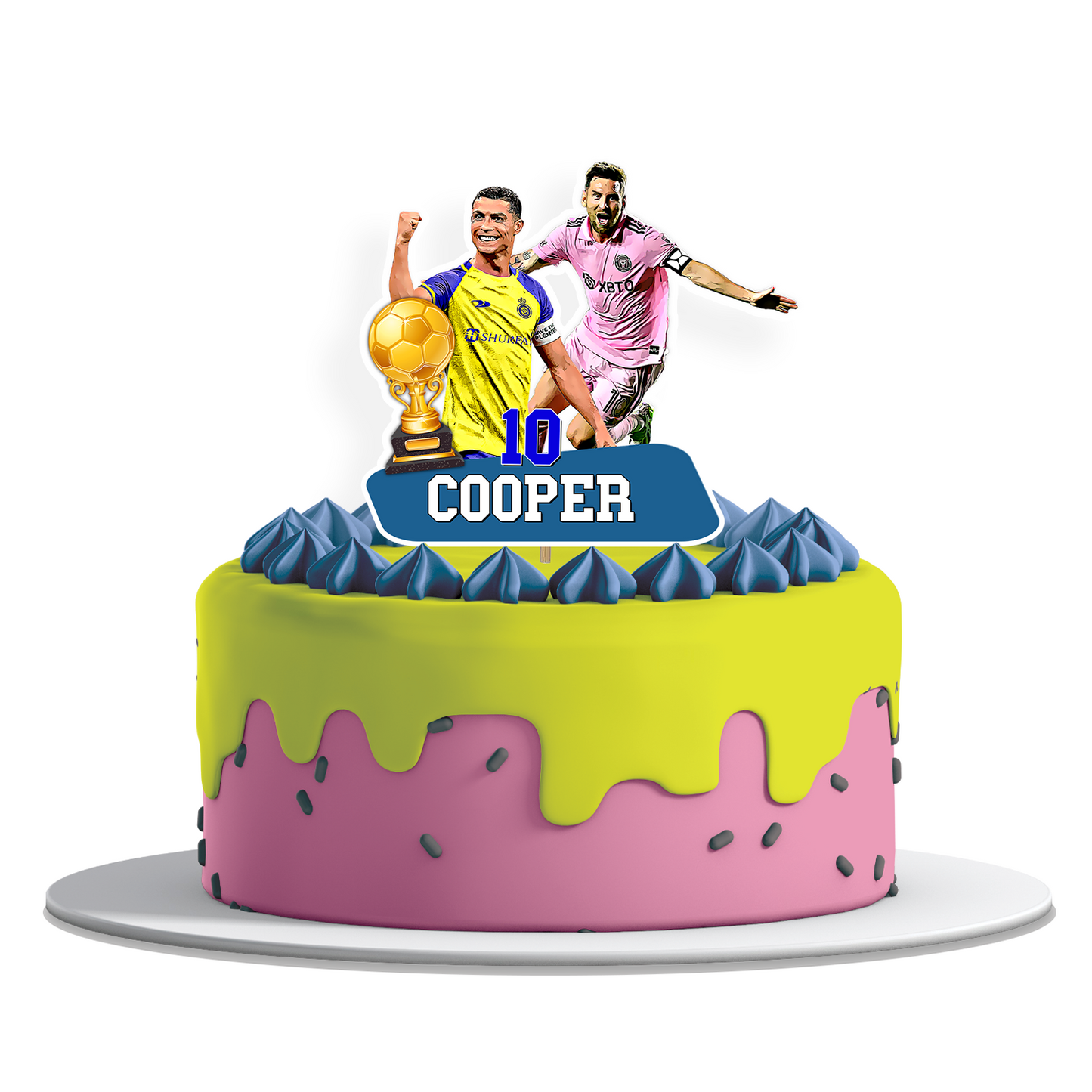 Personalized cake toppers featuring Messi & Ronaldo