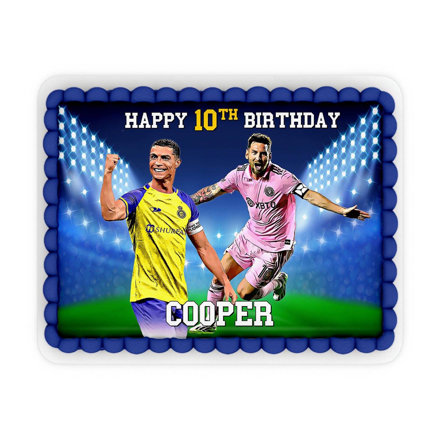 Rectangle personalized cake images featuring Messi & Ronaldo