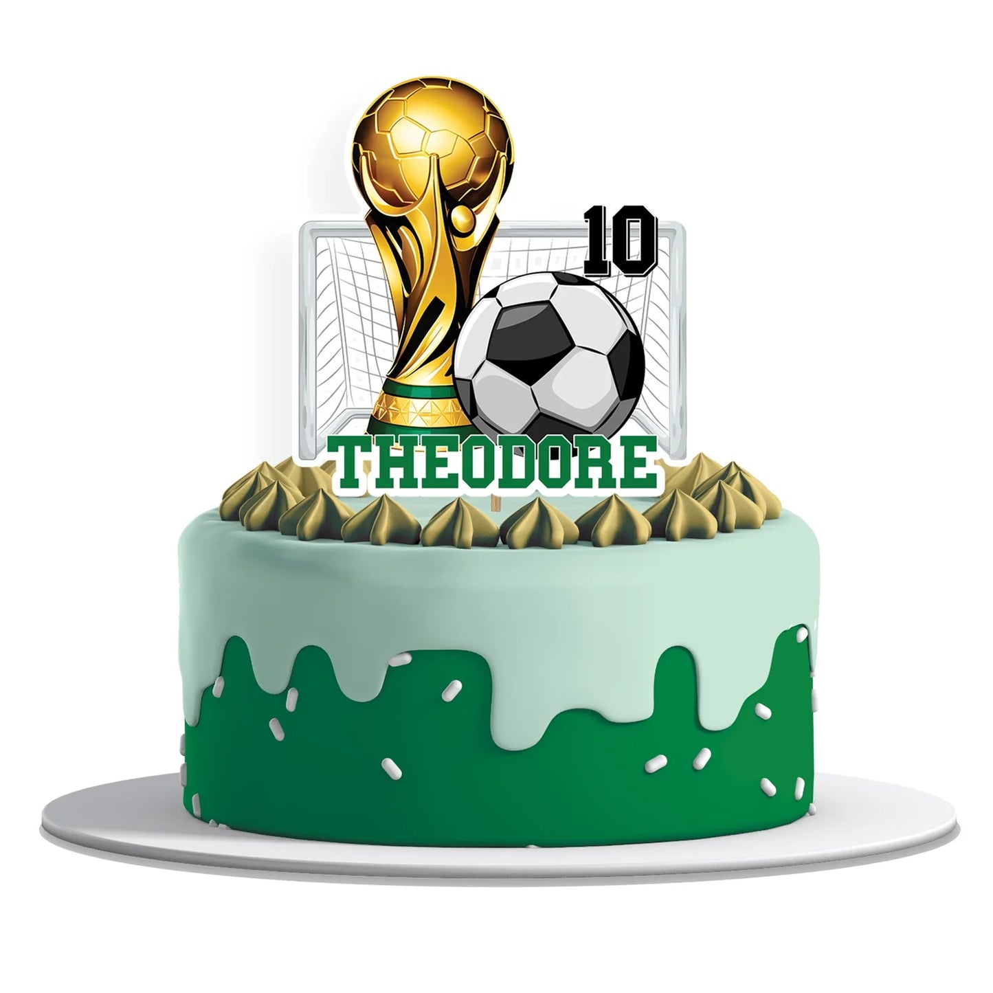 Soccer personalized cake toppers featuring soccer balls and player silhouettes, glossy finish, arranged on white background