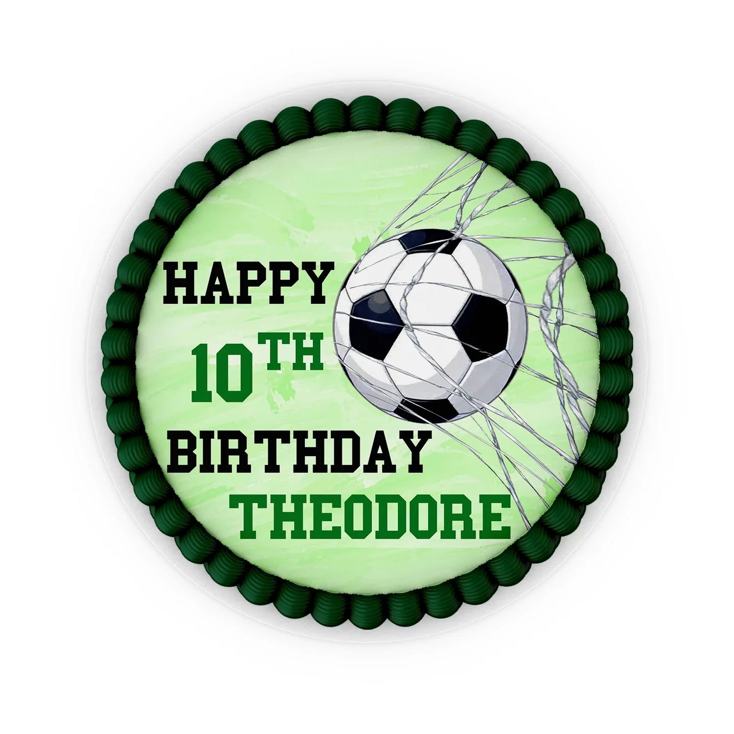 Soccer personalized edible icing cake images with green turf design and ball accents, ready to apply, flat lay on white background