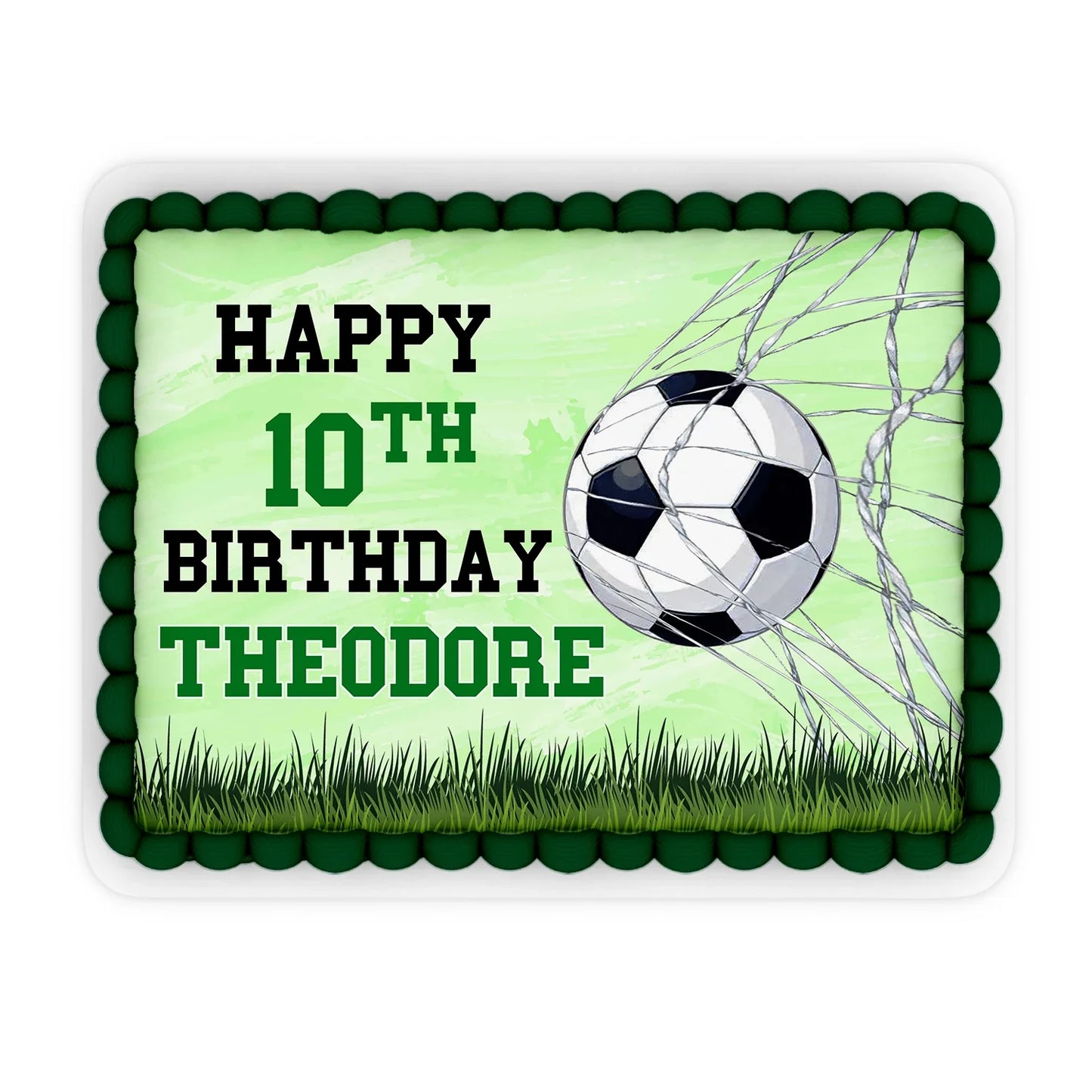 Soccer personalized edible sheet cake images with bold green field graphics and custom name, centered on white background