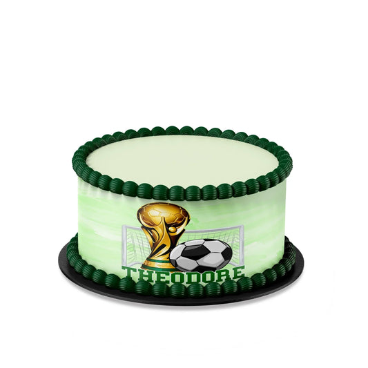 Soccer personalized cake strips with green field pattern and ball graphics, customizable text, flat lay on white background