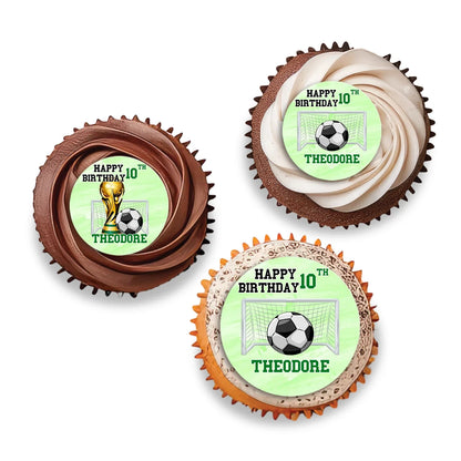 Soccer personalized cupcake toppers with soccer ball icons and green accents, printed circles displayed on white background