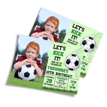 Soccer personalized photo card invitations with action soccer design, custom photo area, displayed on white background