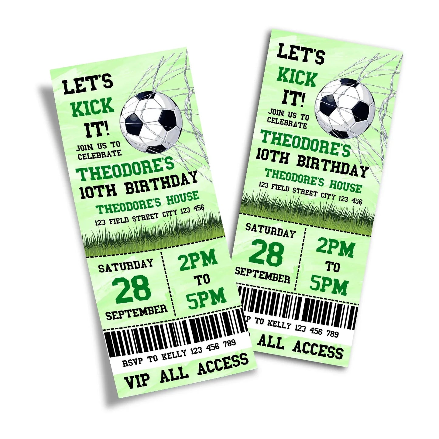 Soccer personalized birthday ticket invitations with sporty soccer layout and bold green colors, flat lay on white background