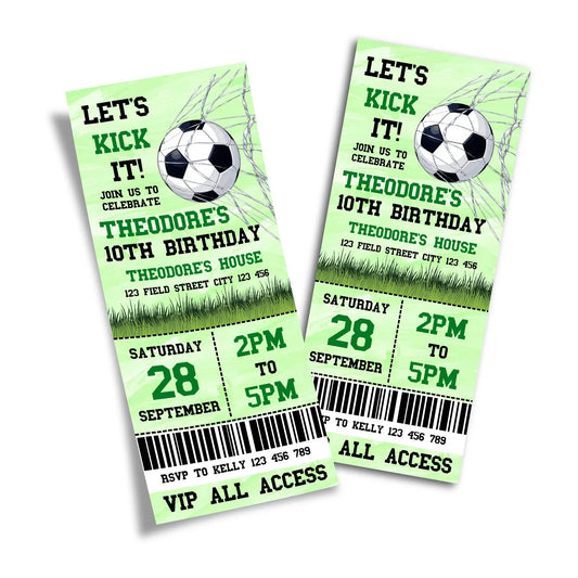 Soccer personalized birthday ticket invitations with sporty soccer layout and bold green colors, flat lay on white background