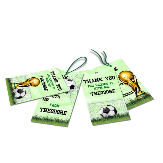 Soccer thank you tags with green soccer theme and ball icons, printable favor tags shown on white background
