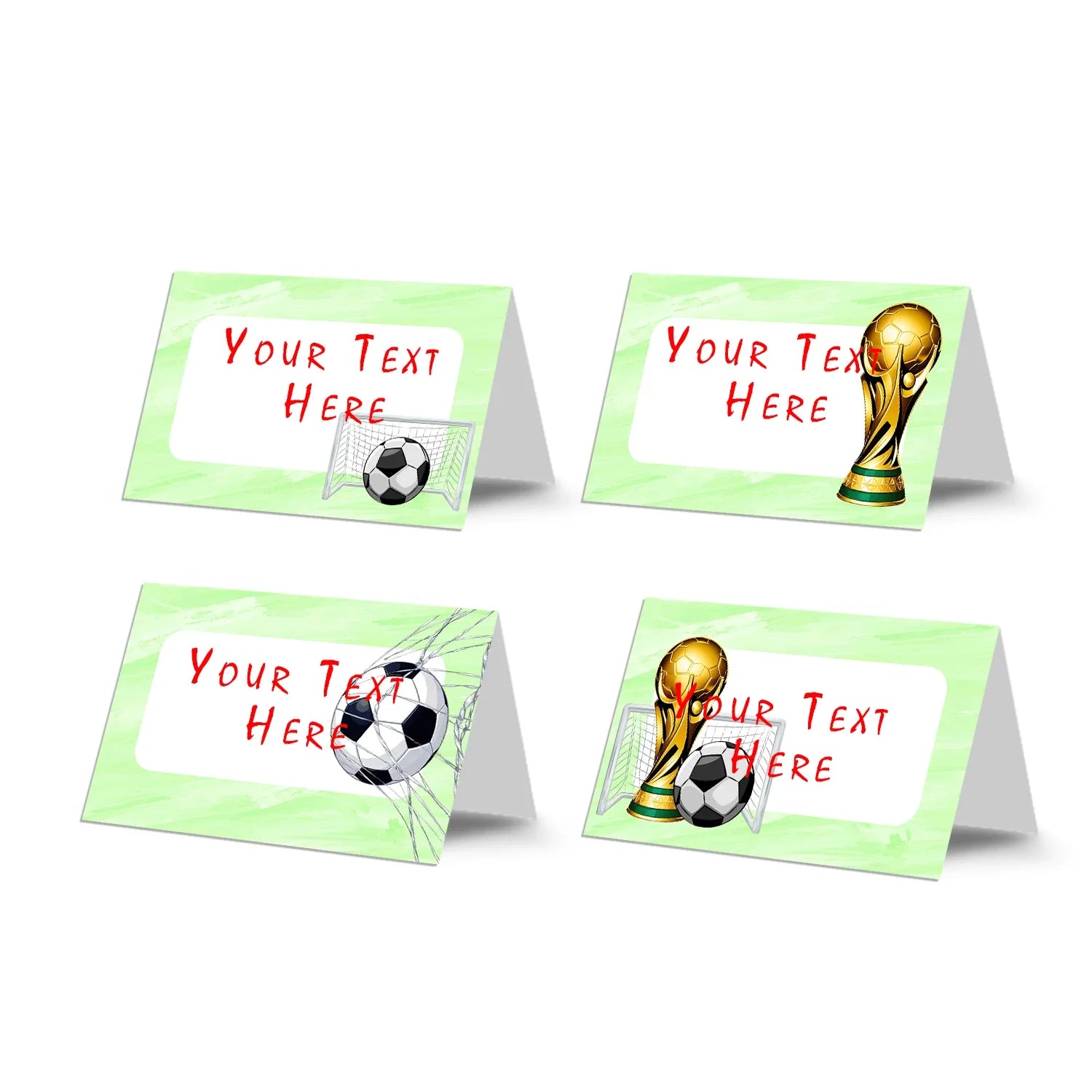 Soccer food cards with matching green field design for party table labeling, neatly arranged on white background