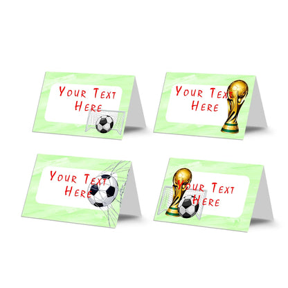 Soccer food cards with matching green field design for party table labeling, neatly arranged on white background