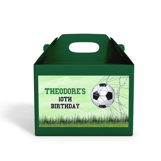 Soccer treat box label with bold green soccer graphics and custom text, shown flat on white background
