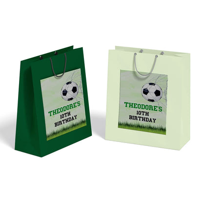 Soccer goodie bag label with matching soccer theme and ball pattern, printable design on white background