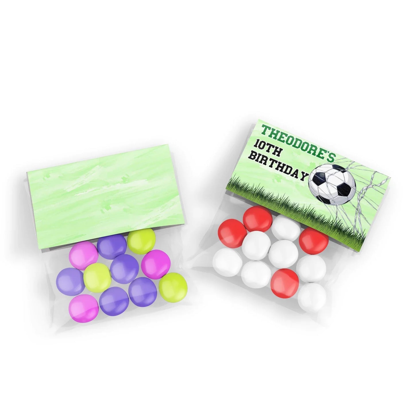 Soccer treat bag topper label with green soccer pattern and bold lettering, folded style shown on white background