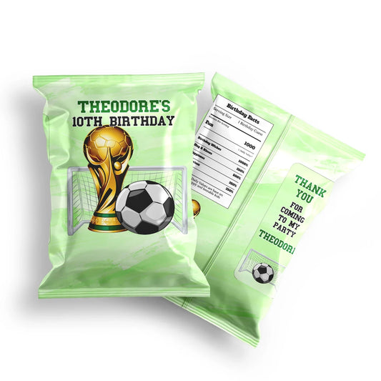 Soccer chips bag label with full-wrap green soccer field design and ball graphics, flat lay on white background