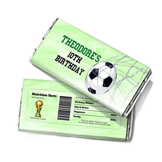 Soccer chocolate label with green and black soccer theme, sized for candy bars, shown on white background