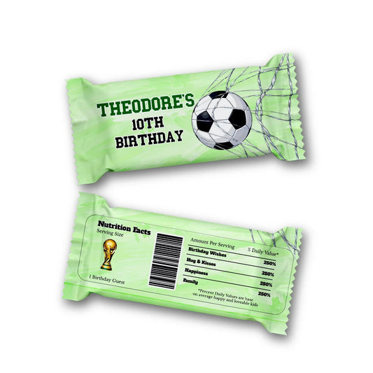 Soccer Rice Krispies treats and candy bar label set with coordinated green soccer designs, flat lay on white background