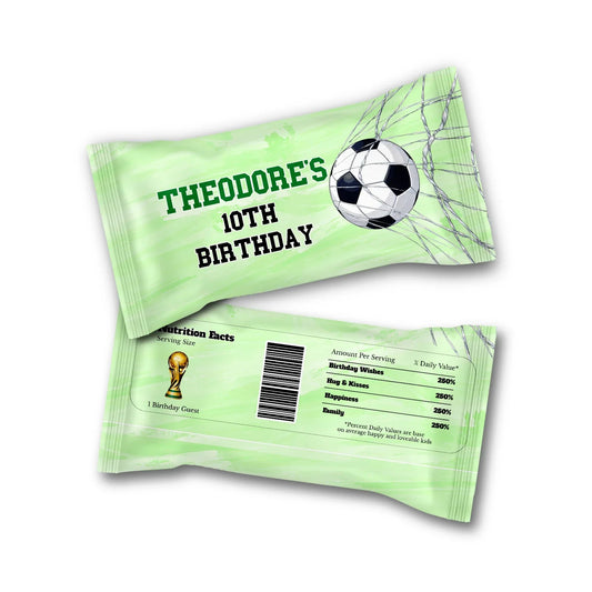 Soccer Skittles label with colorful candy wrapper and green soccer theme, flat lay on white background