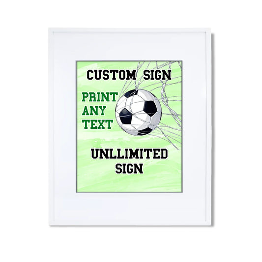 Soccer custom sign with bold green field background and personalized text, centered on white background