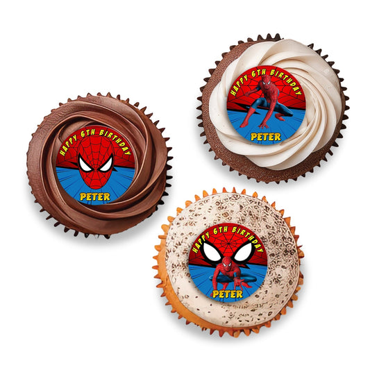 Spiderman themed personalized cupcakes toppers