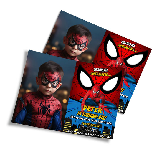 Spiderman themed personalized photo card invitations