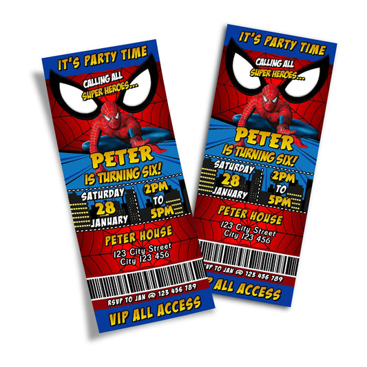 Spiderman themed personalized birthday ticket invitations