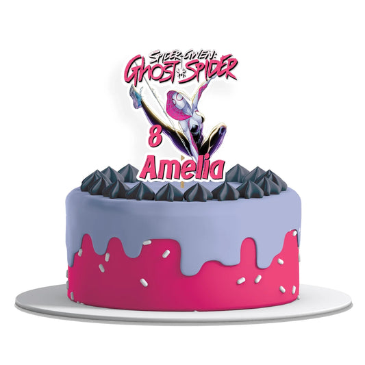 Spider-Woman personalized cake toppers featuring comic-style character art in red and blue on white background