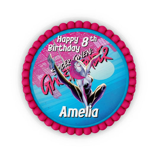 Spider-Woman personalized edible icing cake images with vibrant red, blue, and black web design