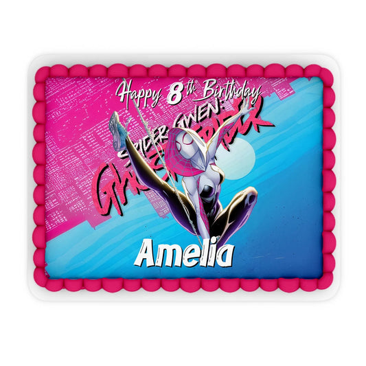 Spider-Woman personalized edible sheet cake images with bold comic graphics in red and blue