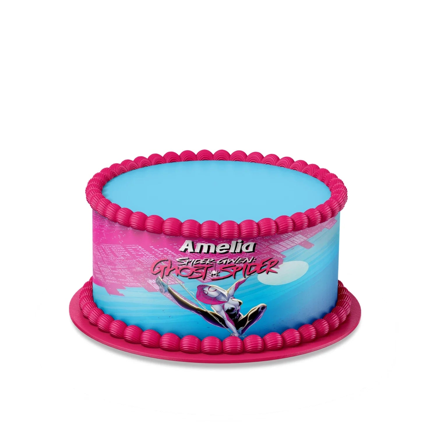 Spider-Woman personalized cake strips with bold red and blue web patterns laid flat on white background