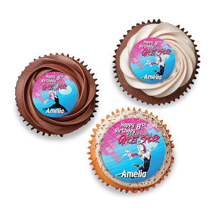 Spider-Woman personalized cupcake toppers with web patterns and character accents on white background