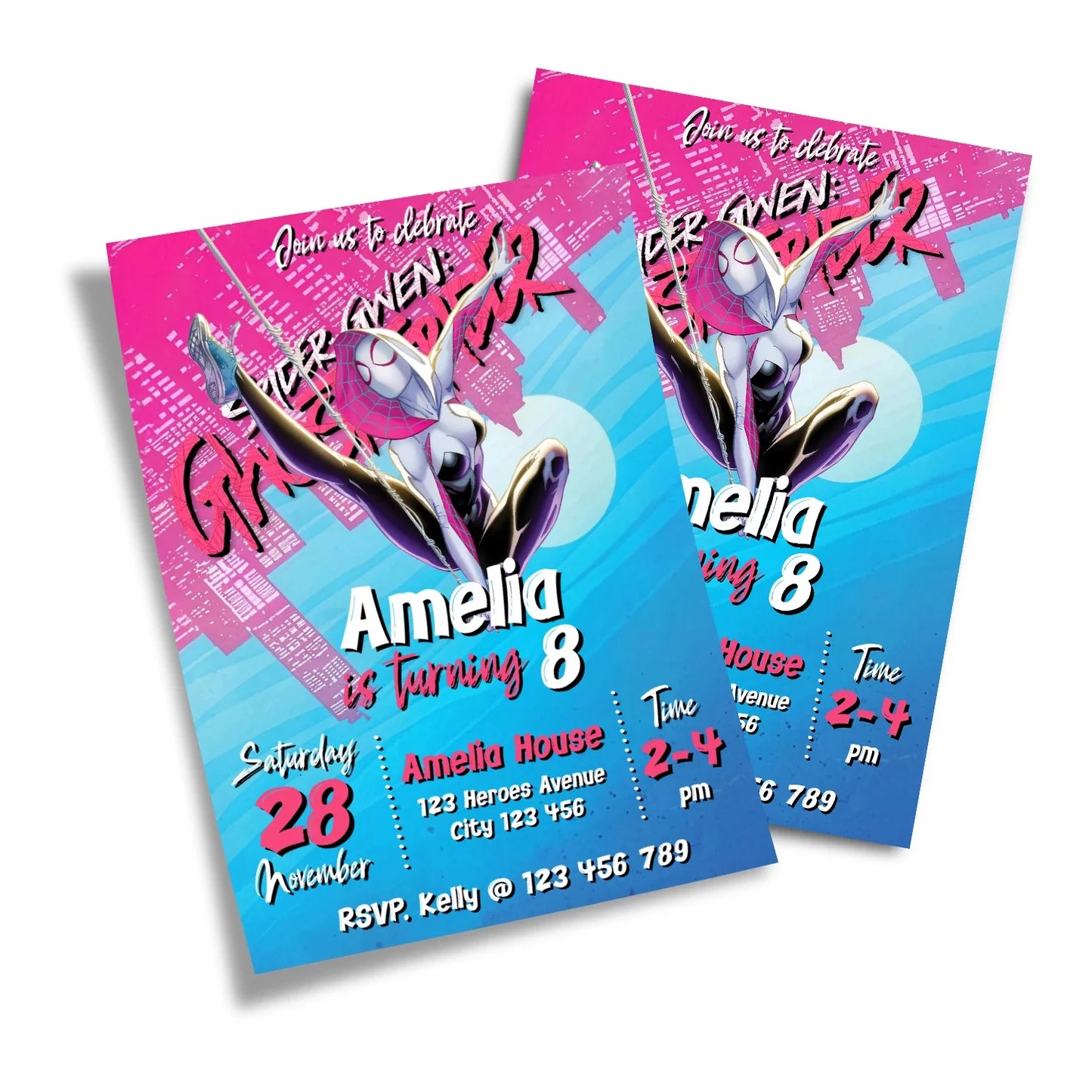 Spider-Woman personalized birthday card invitations with red and blue comic theme shown in flat lay