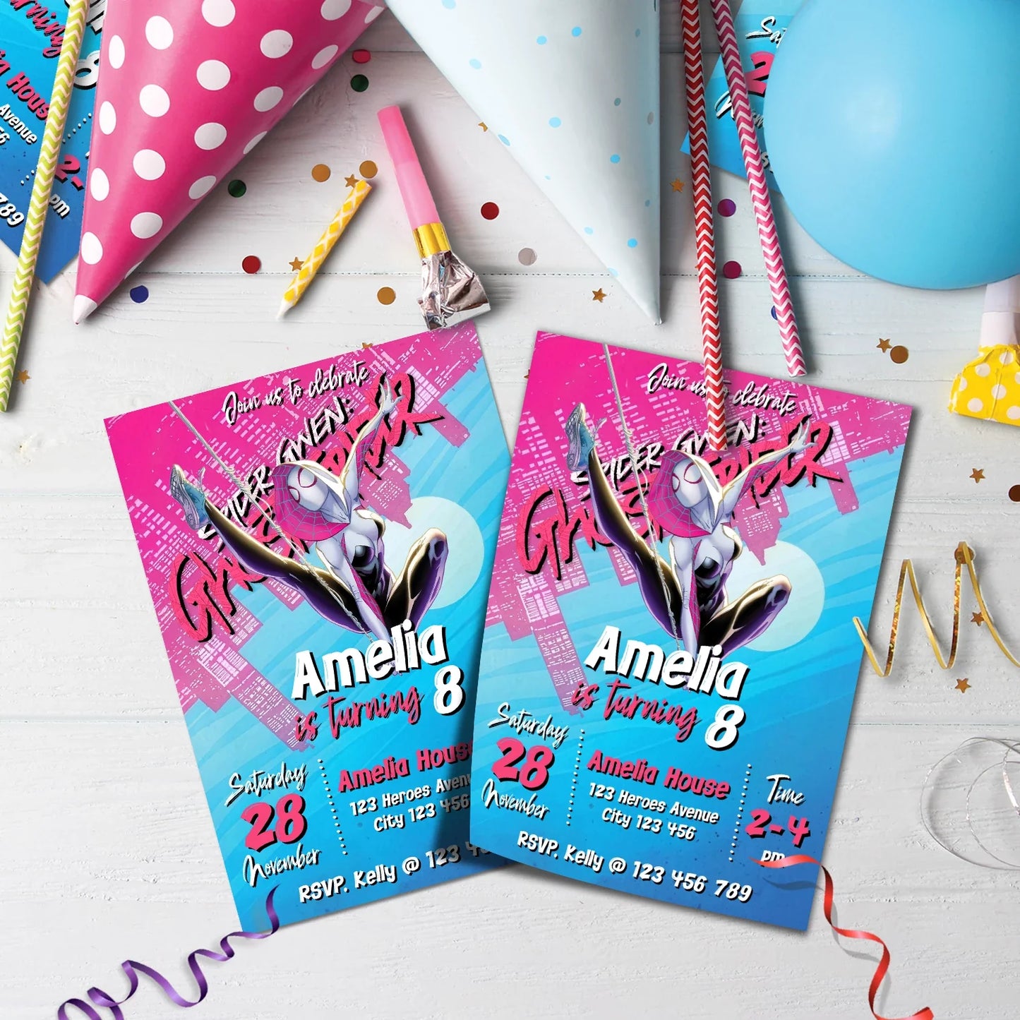 Spider-Gwen Birthday Decorations, Ghost Spider Party Supplies, Gwen Stacy Themed, Spider Woman Digital Template, Editable Spider-Woman Image SVG PNG