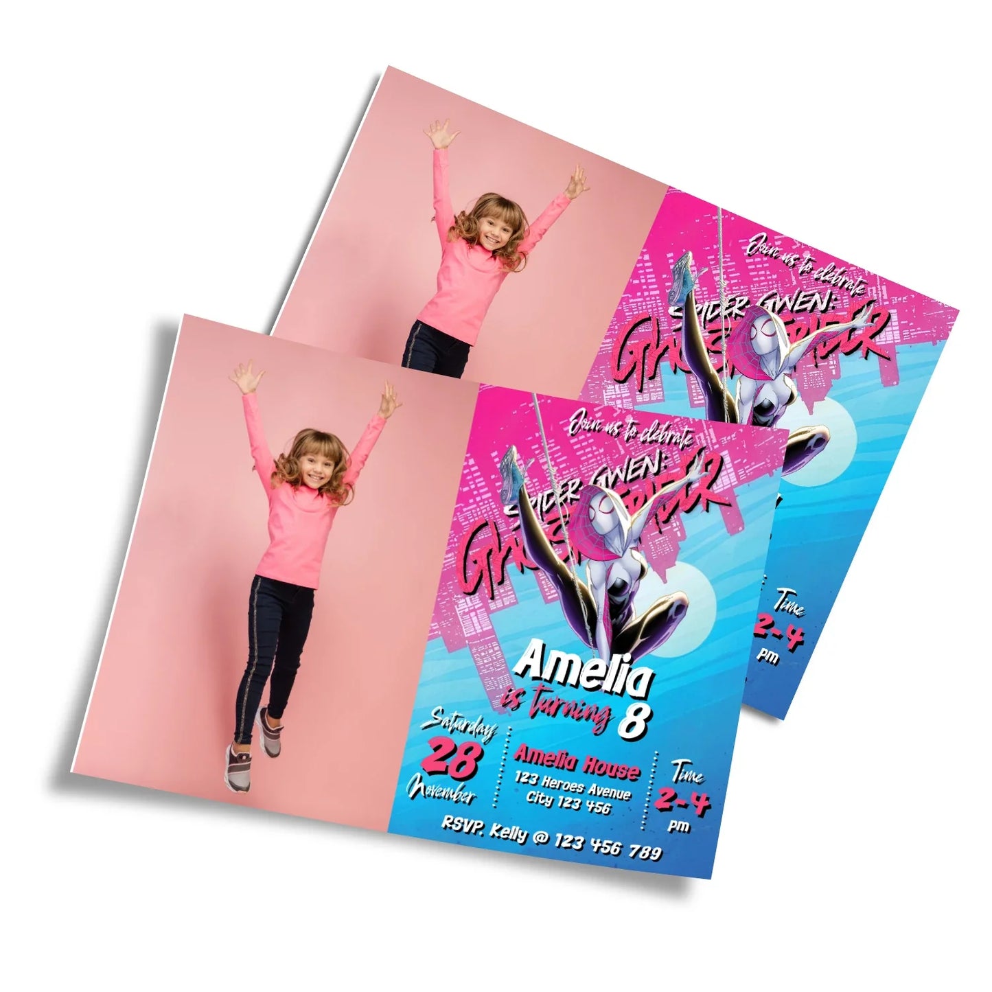 Spider-Woman personalized photo card invitations with custom photo space and web graphics