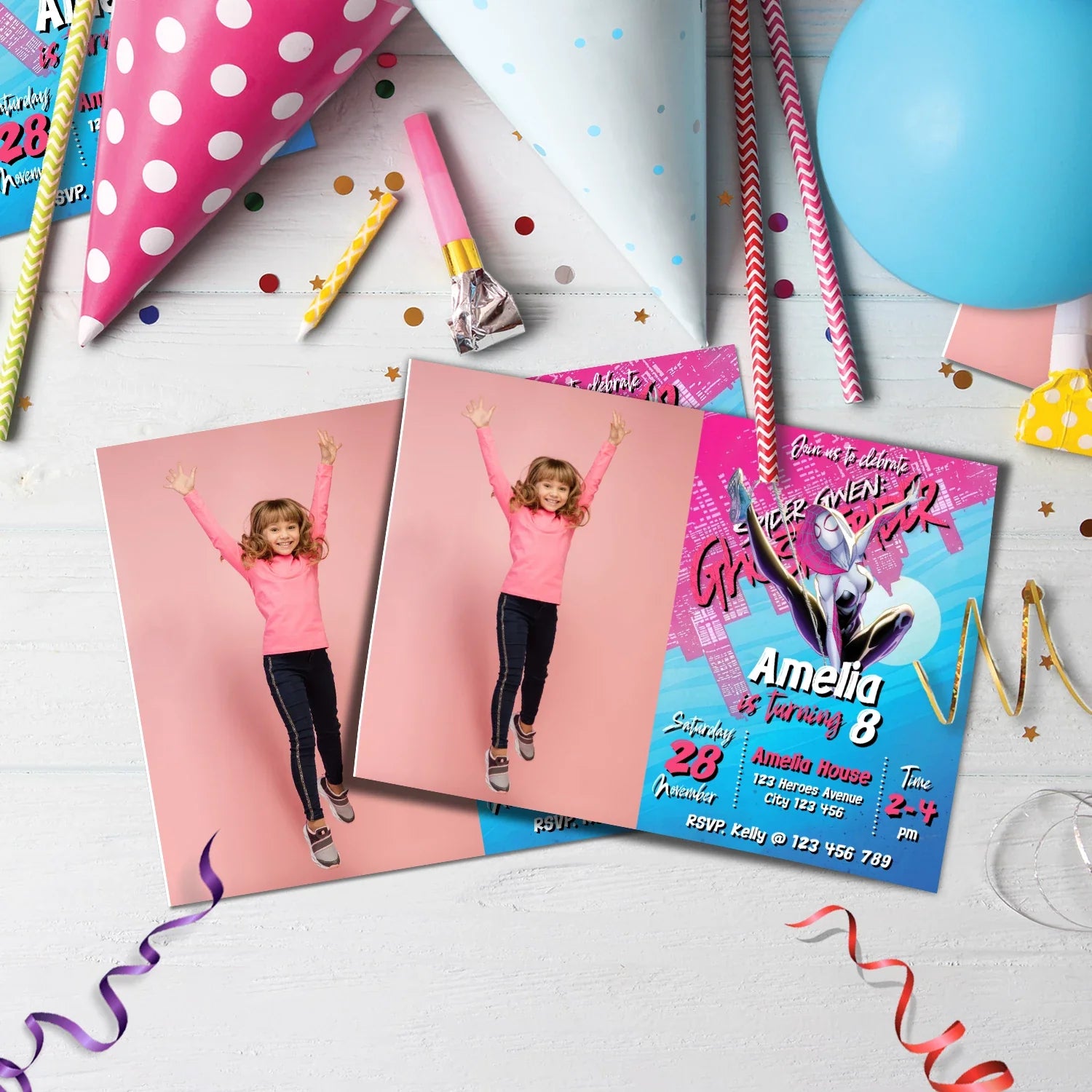Spider-Gwen Birthday Decorations, Ghost Spider Party Supplies, Gwen Stacy Themed, Spider Woman Digital Template, Editable Spider-Woman Image SVG PNG