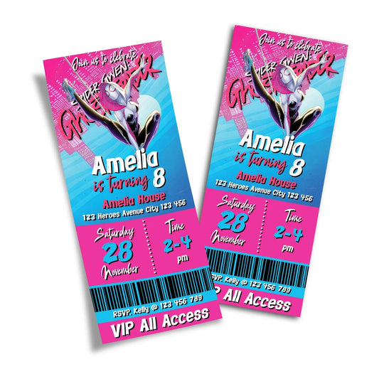 Spider-Woman personalized birthday ticket invitations with comic-style layout and web patterns