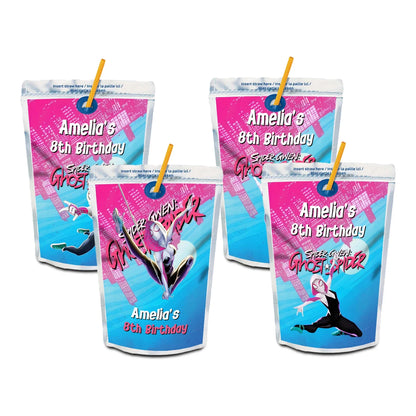 Spider-Woman juice pouch label with bold comic graphics in red and blue on white background
