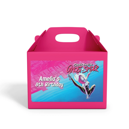 Spider-Woman treat box label with vibrant web design and character accents on white background