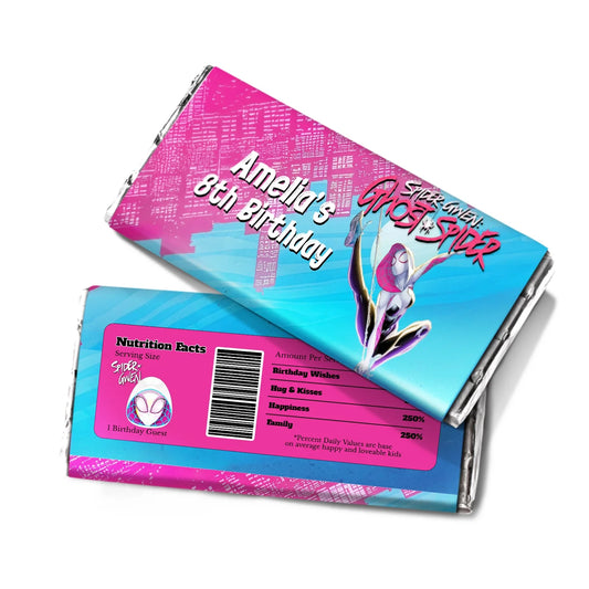 Spider-Woman chocolate label with bold red and blue web graphics on white background