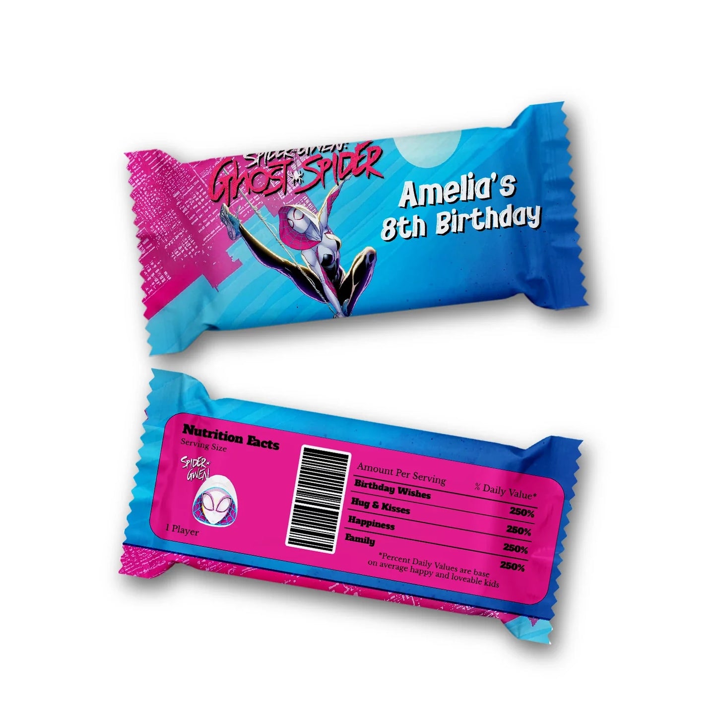 Spider-Woman Rice Krispies treats and candy bar labels with matching comic web theme in flat lay