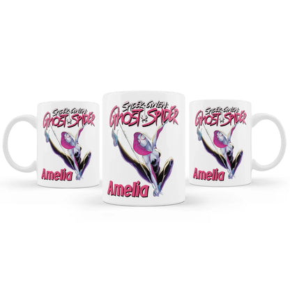 Spider-Woman sublimation mug with vibrant red and blue web design on white ceramic