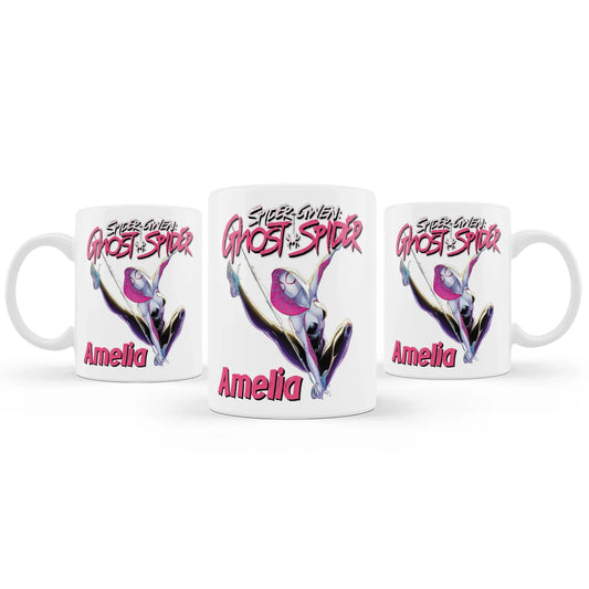 Spider-Woman sublimation mug with vibrant red and blue web design on white ceramic