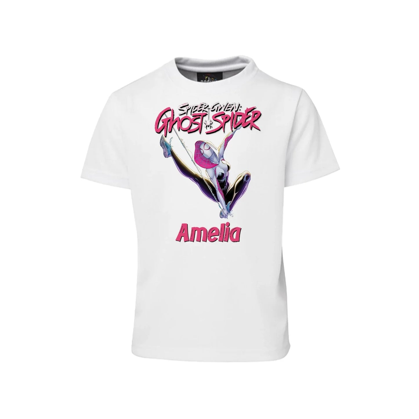 Spider-Woman sublimation T-shirt with colorful comic artwork printed on white fabric