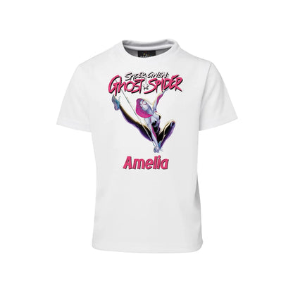 Spider-Woman sublimation T-shirt with colorful comic artwork printed on white fabric