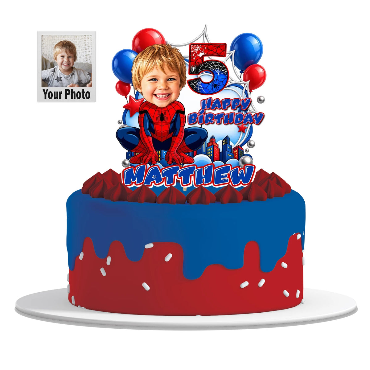 Custom Spider-Man themed birthday cake topper featuring a personalized child's face drawn as a cartoon caricature with a custom name and age.