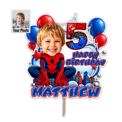 Custom Spider-Man themed birthday cake topper featuring a personalized child's face drawn as a cartoon caricature with a custom name and age.